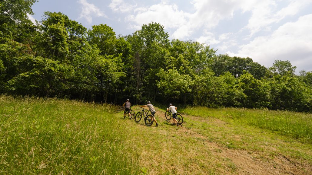 Three people walking with mountain bikes through a grassy area with trees and a partly cloudy sky.